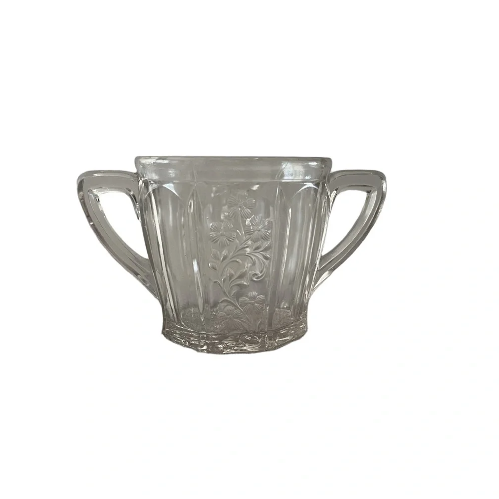 Vintage Clear Glass Sugar Bowl with Double Handles – Pressed Floral Design